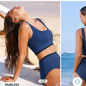 NWT Cupshe Navy Stitching Bikini Top & High-Rise Bottoms Set, Size XL